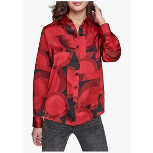 Karl Lagerfeld Paris Blouse Satin Crepe Large Red Black Button Front Maximalism